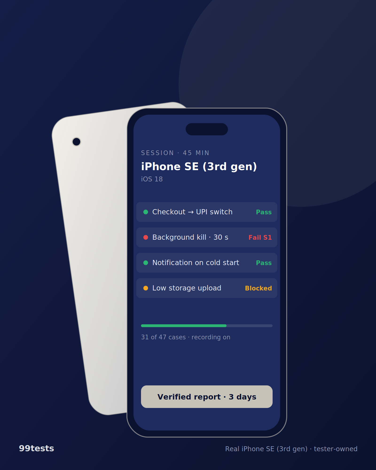 Illustration of iPhone SE (3rd gen) running a 99tests session