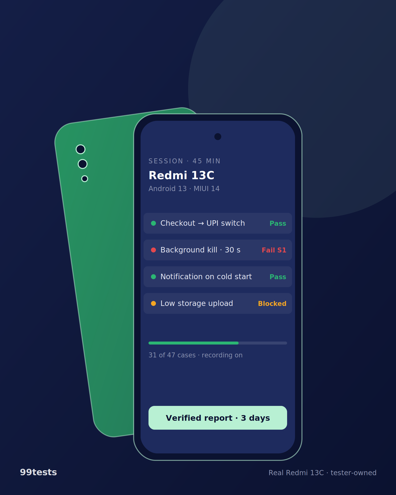 Illustration of Redmi 13C running a 99tests session